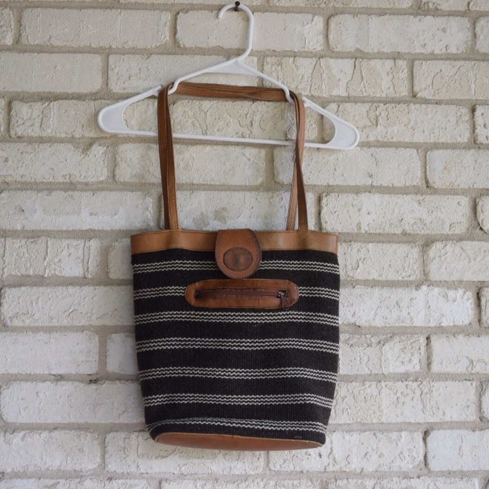 Vintage Striped Wool and Leather Shoulder Bag